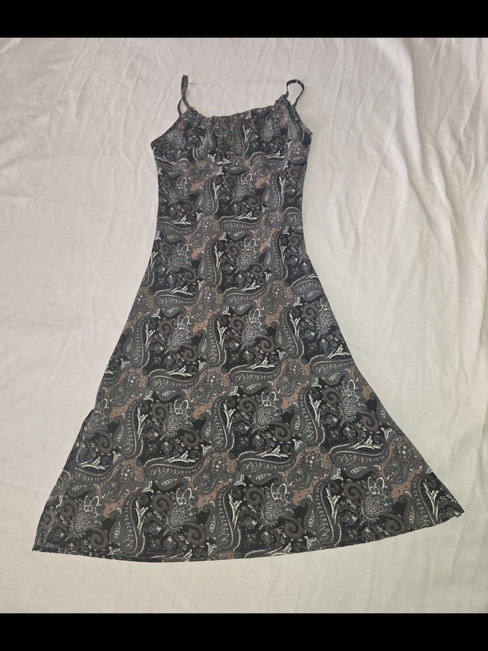 Paisley Print Slip Midi Dress in Black and Tan